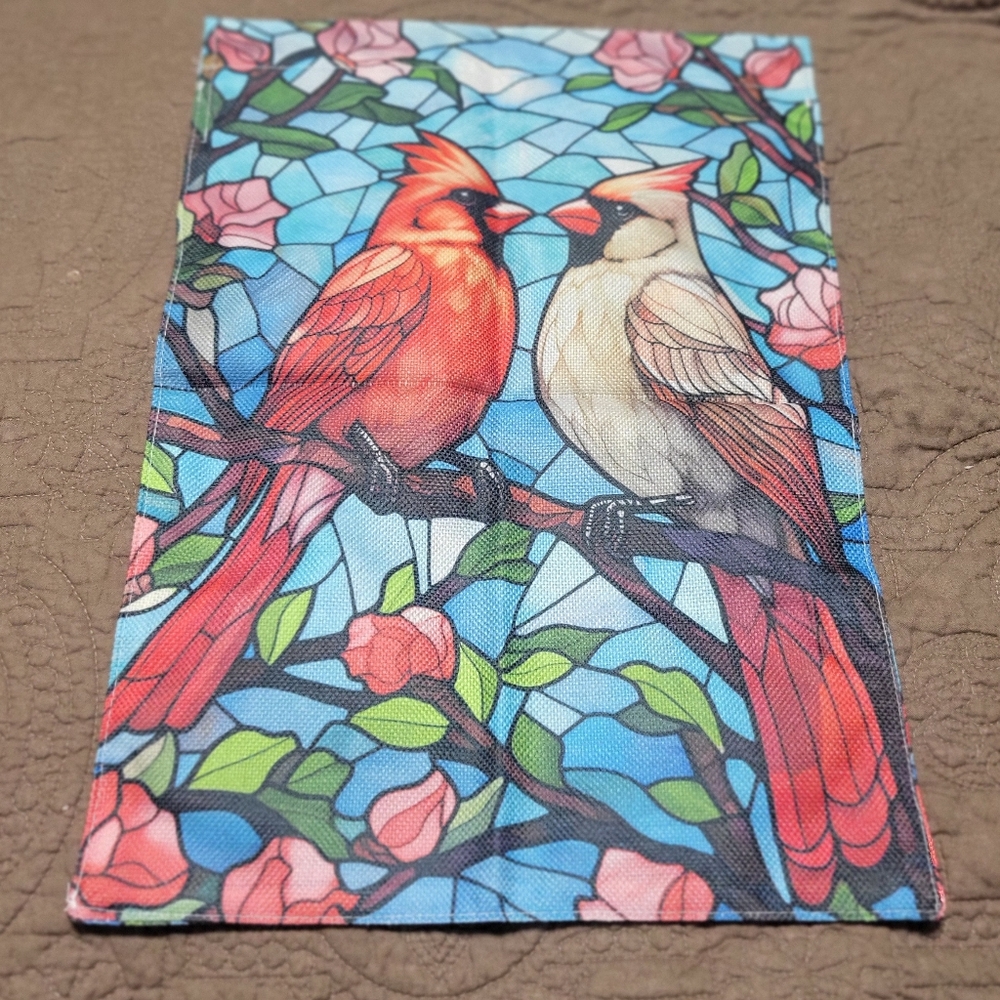 Reversible Garden Flag with Stained Glass Cardinal Song Birds  NEW
